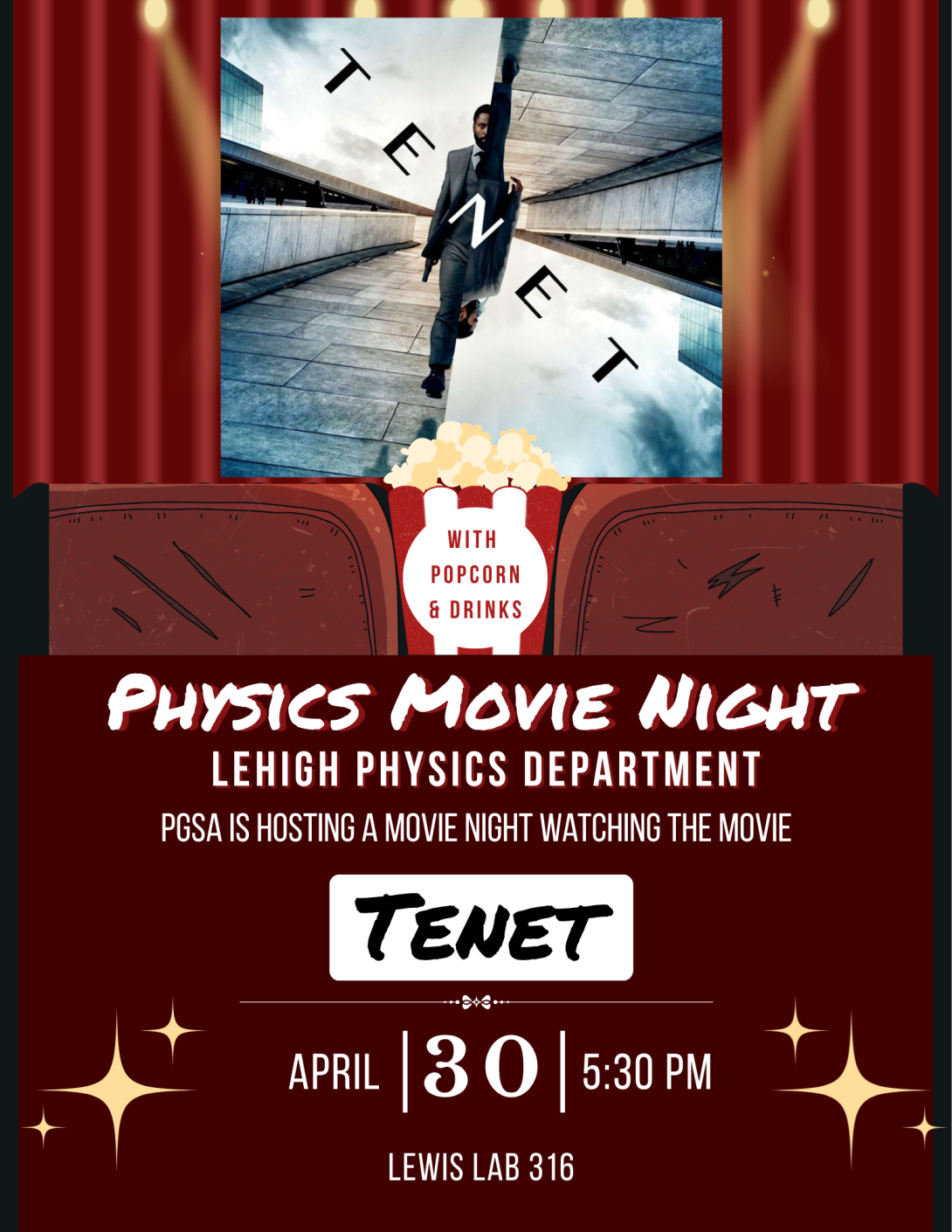 Physics Graduate Student Association: Movie Night "Tenet" @ 5:30 pm in Lewis Lab 316